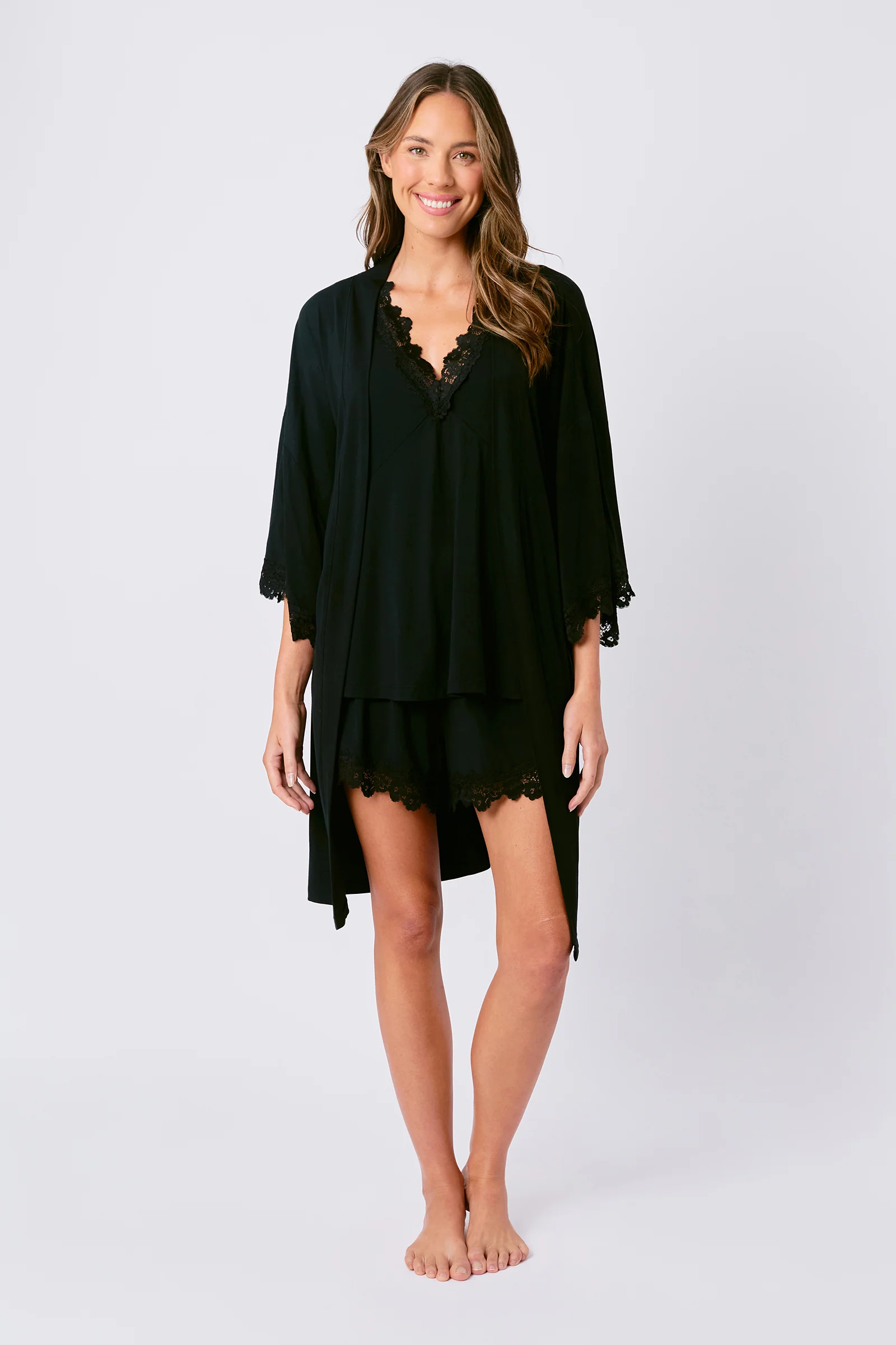 Lace Trim Cami + Shorts Sleep Pyjama Set BLACK - Image 6