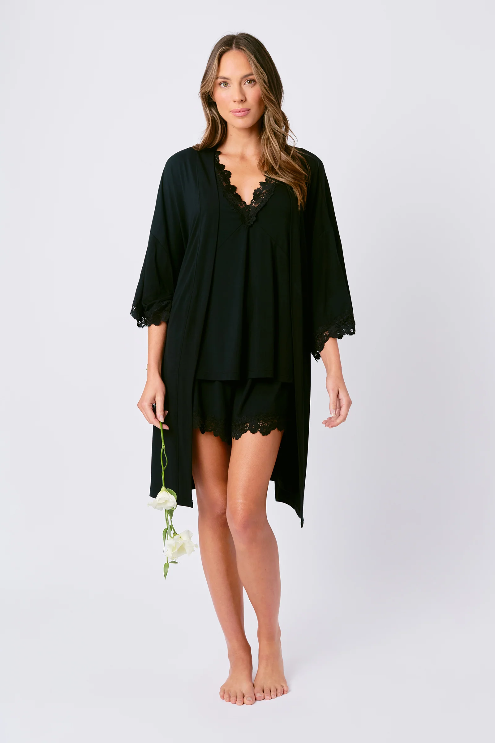 Lace Trim Modal Robe BLACK - Image 10