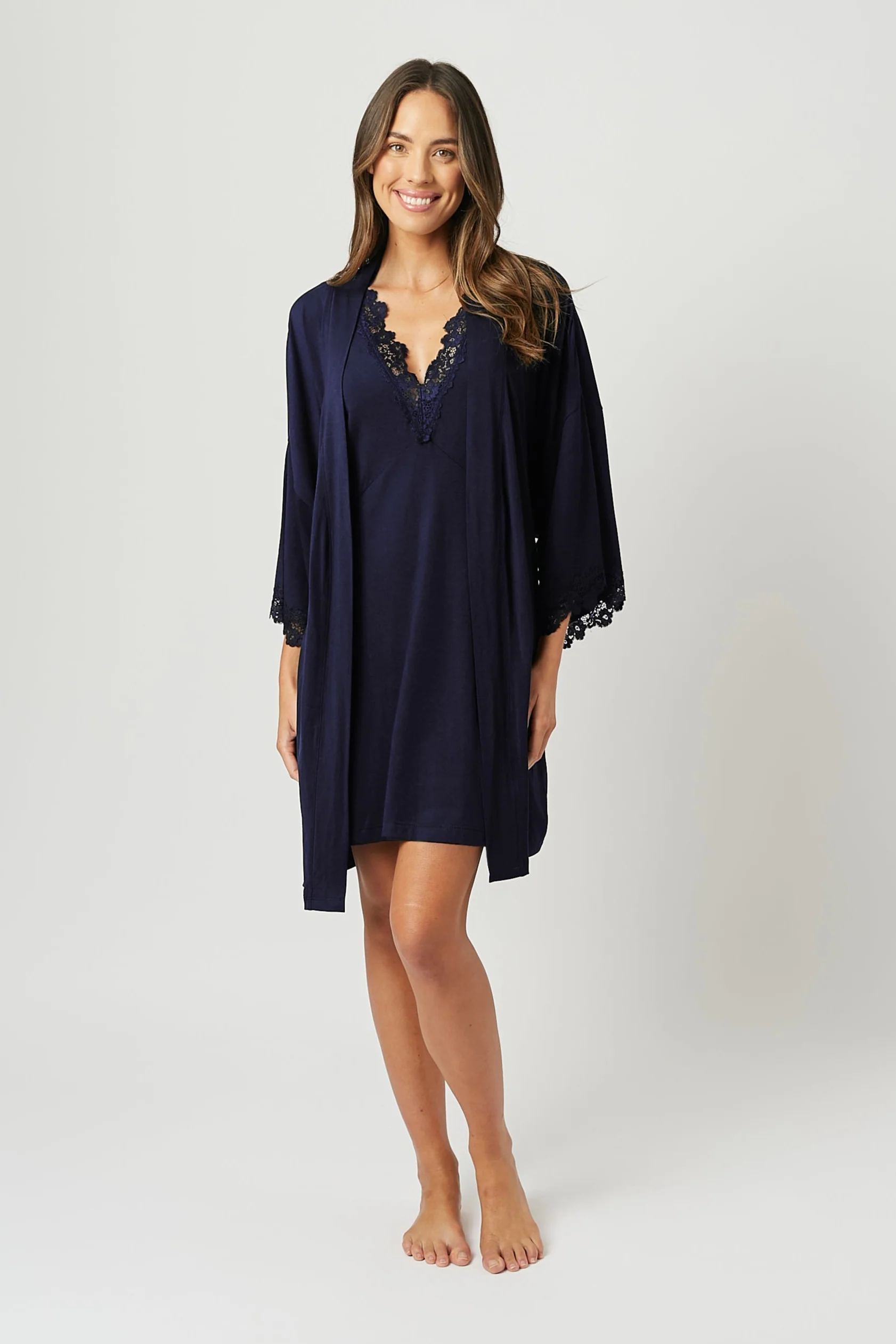 Lace Trim Modal Robe NAVY - Image 5